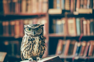 A studious owl perches atop a towering bookcase, donning spectacles as it delves into the pages of a captivating publication