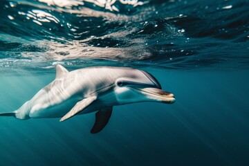 Graceful cetacean glides through the tranquil depths, its fin cutting through the water as it joins its fellow marine mammals in an underwater ballet