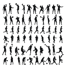 Large collection of silhouettes of basketball players, weightlifters, runners, isolated vector
