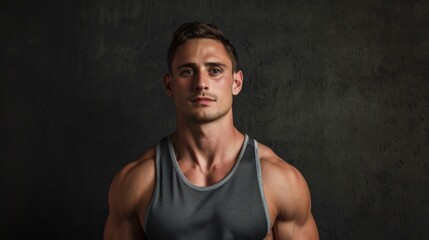 Fototapeta na wymiar A strong man strikes a powerful pose, his chiseled chest and defined muscles on display in a sleeveless shirt, exuding confidence and determination in his active tank, as he stands against a wall for