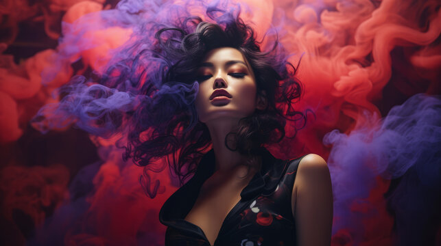 Asian, Chinese, Japanese woman in black with red smoke behind her. Beautiful hot sexy dangerous girl in black leather, rock n roll, dangerous young woman