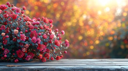 A bush of colorful flowers sitting on top of a sturdy wooden table. - obrazy, fototapety, plakaty