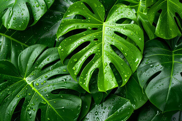 The image features a close-up view of vibrant green monstera leaves with droplets of water scattered across their surfaces. 