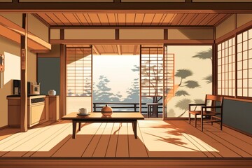 An illustration of a wooden Japanese house with minimalist interior decoration, presenting a clean and tidy atmosphere. Generative AI