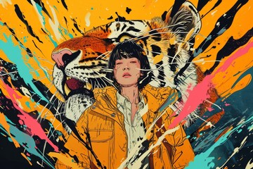 A captivating modern art piece depicting a woman's face seamlessly blending into a fierce tiger head, expertly rendered with vivid acrylic paints in a mesmerizing illustration