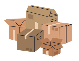 Hand drawn cardboard boxes. Stacked cargo boxes, packages pile, warehouse box stack. Moving or delivery concept flat vector illustration
