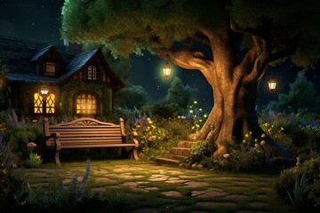 An illuminated tree beside a house with a garden bench at night. Generative AI - obrazy, fototapety, plakaty