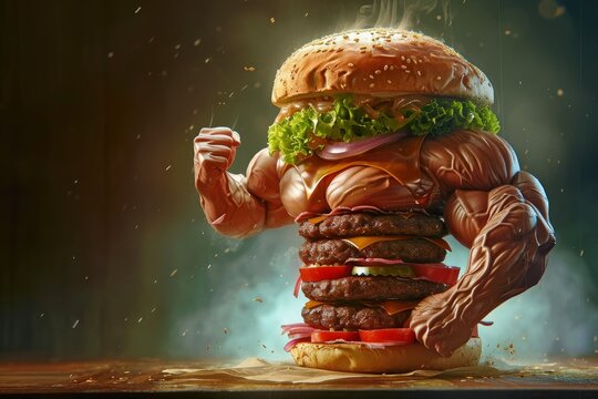 A brawny burger flexes its savory strength in this whimsical cartoon depiction of the ultimate indulgence