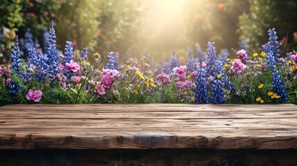 Obraz premium A wooden table is surrounded by an array of vibrant and diverse flowers in this captivating photograph.