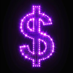 Violet LED Dollar Sign isolated on Black Background. Photorealistic Buck Sign on Black backdrop. Square Illustration. Ai Generated Finance and Currency 3D Symbol.