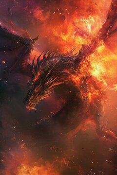 A majestic dragon fiercely breathes fiery flames, illuminating the vast expanse of the universe with its powerful presence