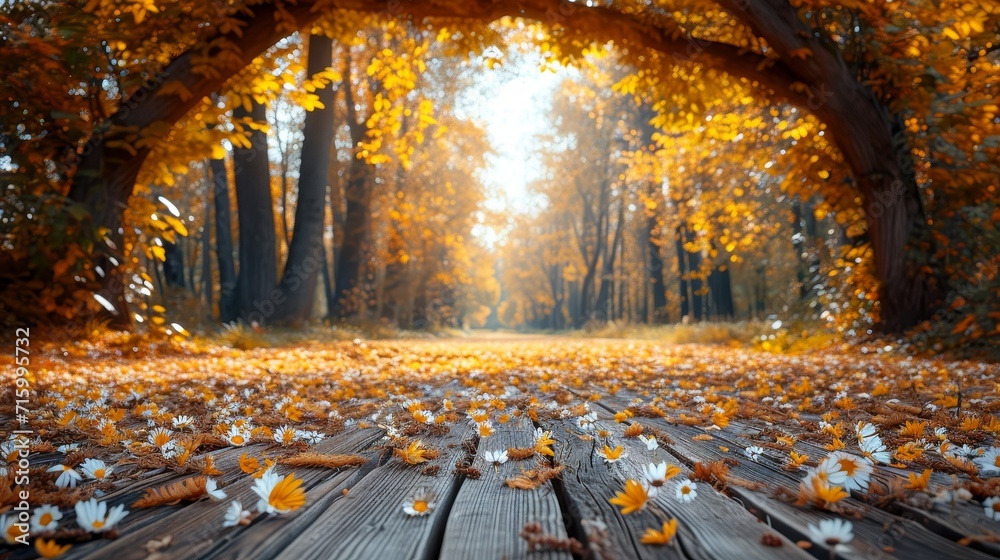 Poster A wooden floor covered with an array of colorful leaves and vibrant flowers.