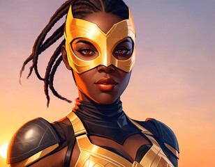 A beautiful African American woman is a superhero in a mask and a super hero costume