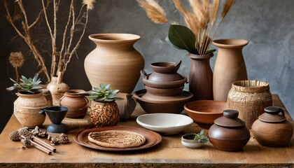 Still life. A styled table of pots, vases, plates and ceramic and wooden decor items.