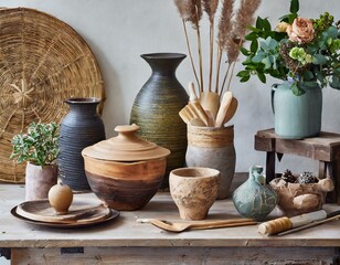 Still life. A styled table of pots, vases, plates and ceramic and wooden decor items.