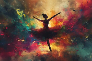 A vibrant masterpiece comes to life as a graceful woman in a tutu dances amidst a swirling canvas of colorful paint