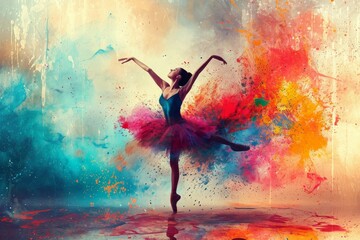 Vibrant strokes of acrylic paint bring a graceful dancer to life, twirling in a tutu with the passion and precision of an artful masterpiece - obrazy, fototapety, plakaty