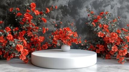 Fototapeta na wymiar White table podium with red Flowers, Ideal for Advertising Displays. 