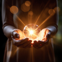 Image of a girl holding a magic ball in her palms - 715996136