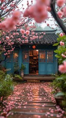 Fototapeta premium A blue building stands amidst a vibrant landscape filled with pink flowers and trees.