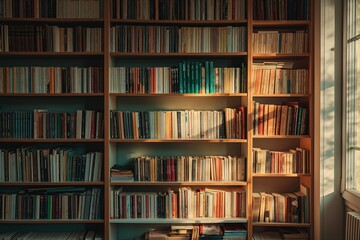 Bookshelf Filled With Books by Window - obrazy, fototapety, plakaty