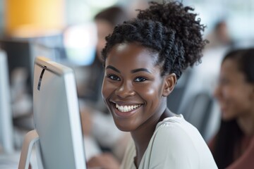 Smiling Woman Sitting in Front of Computer