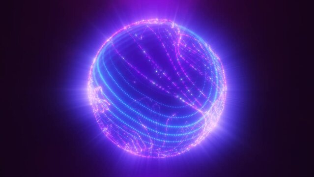 Abstract blue purple glowing digital high-tech futuristic energy plasma sphere with lines and particles on dark black background. Video in high quality 4k, motion design. Big data concept