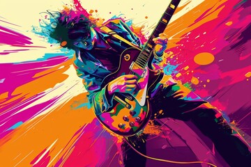 A contemporary masterpiece of graphic design, this vibrant painting captures the raw emotion and energy of a man playing his guitar, blending elements of anime and modern art to create a striking ill - obrazy, fototapety, plakaty