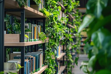 Fototapeta na wymiar Books and Plants on Shelves, A Green Oasis of Knowledge