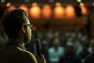 Speaking Man With Glasses and Microphone - obrazy, fototapety, plakaty