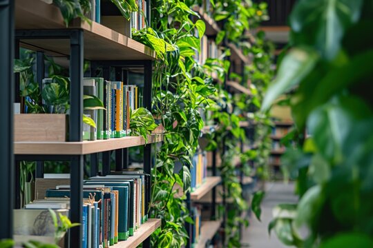 Books and Plants on Shelves, A Green Oasis of Knowledge