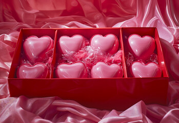 Red gift box of love hearts on pink silk sheet background. Love, romantic, Valentine's themed. Generative AI