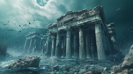 An ancient Greek temple submerged in the Atlantic, creating a fantastical underwater scene The classical ruins contrast with the marine surroundings, as sea creatures swim among the temple's on