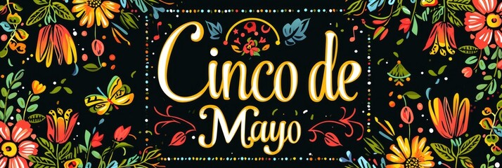 Obraz premium Cinco de mayo lettering text with flowers, traditional Mexican Holiday. Typography quote for greeting card