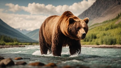 Wild brown bear in the water, blurred mountains background. Big bear in the river