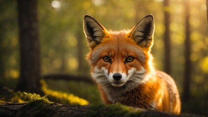Naklejka na ściany i meble Red fox face portrait in the wild forest. Vulpes vulpes look at camera, closeup