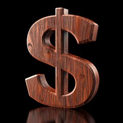 Wooden Rosewood Dollar Sign isolated on Black Background. Photorealistic Buck Sign on Black backdrop. Square Illustration. Ai Generated Finance and Currency 3D Symbol.