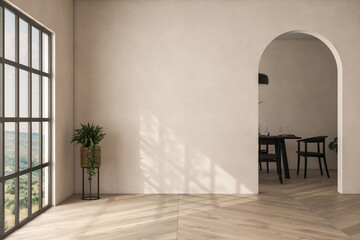 Modern interior design of apartment, dining room with table and chairs, empty living room with beige wall, panorama, arch.