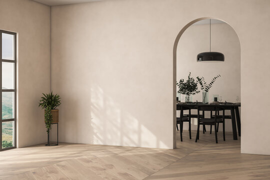 Modern interior design of apartment, dining room with table and chairs, empty living room with beige wall, panorama, arch.