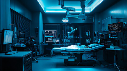 Um quarto de hospital estéril e levemente iluminado é preenchido pelo brilho azul frio dos monitores e equipamentos médicos avançados - obrazy, fototapety, plakaty