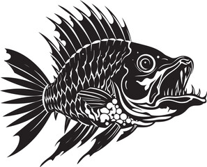 Savage Skeletal Symbol Black Vector Logo for Predator Fish Skeleton Ominous Osteology Insignia Iconic Black Design for Predator Fish Skeleton Logo