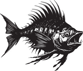 Vicious Vertebrate Emblem Vector Black Design for Predator Fish Skeleton Haunting Harbinger Black Vector Logo for Predator Fish Skeleton