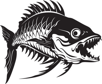 Grisly Glyphs Minimalistic Predator Fish Skeleton Icon in Black Vector Eerie Exoskeleton Iconic Predator Fish Skeleton Logo in Black Vector