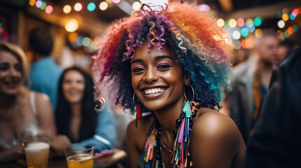 Portrait of young multiracial woman hanging out with friends on a bar. Generative AI. - Powered by Adobe
