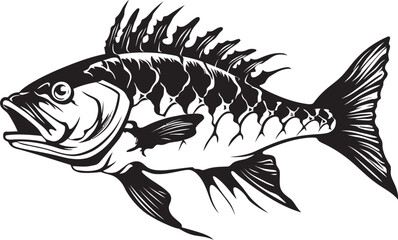 Savage Skeletal Predator Fish Skeleton Logo in Elegant Black Ominous Osteology Vector Black Icon Design of Predator Fish Skeleton