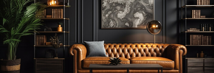 dark interior design with sofa, lamp, armchair