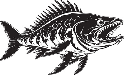 Ominous Osteology Black Iconic Predator Fish Skeleton Vector Design Menacing Marrow Predator Fish Skeleton Logo in Elegant Black