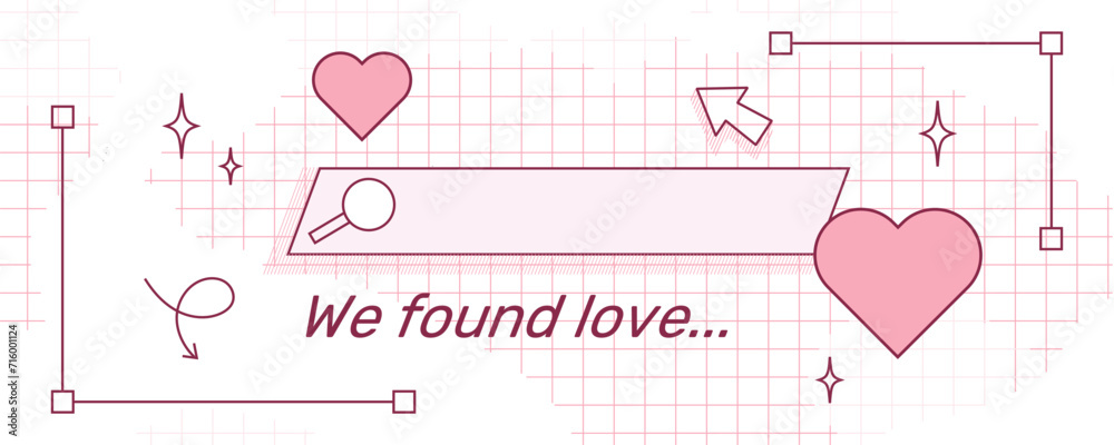 Wall mural valentine's day banner with hearts. retro computer interface aesthetics. background with browser ele