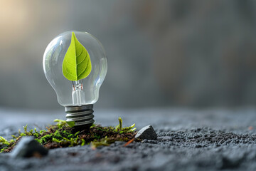  light bulb with one small green leaf inside it laying on the soil with moss and grey stone isolated