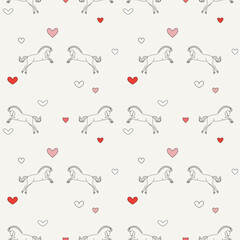 Valentine's Day seamless background, horses and hearts